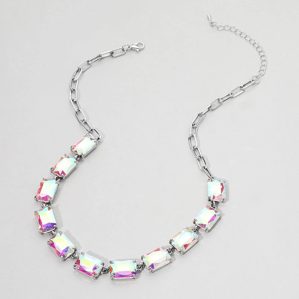 Cushion Rectangular Stone Cluster Link Evening Necklace