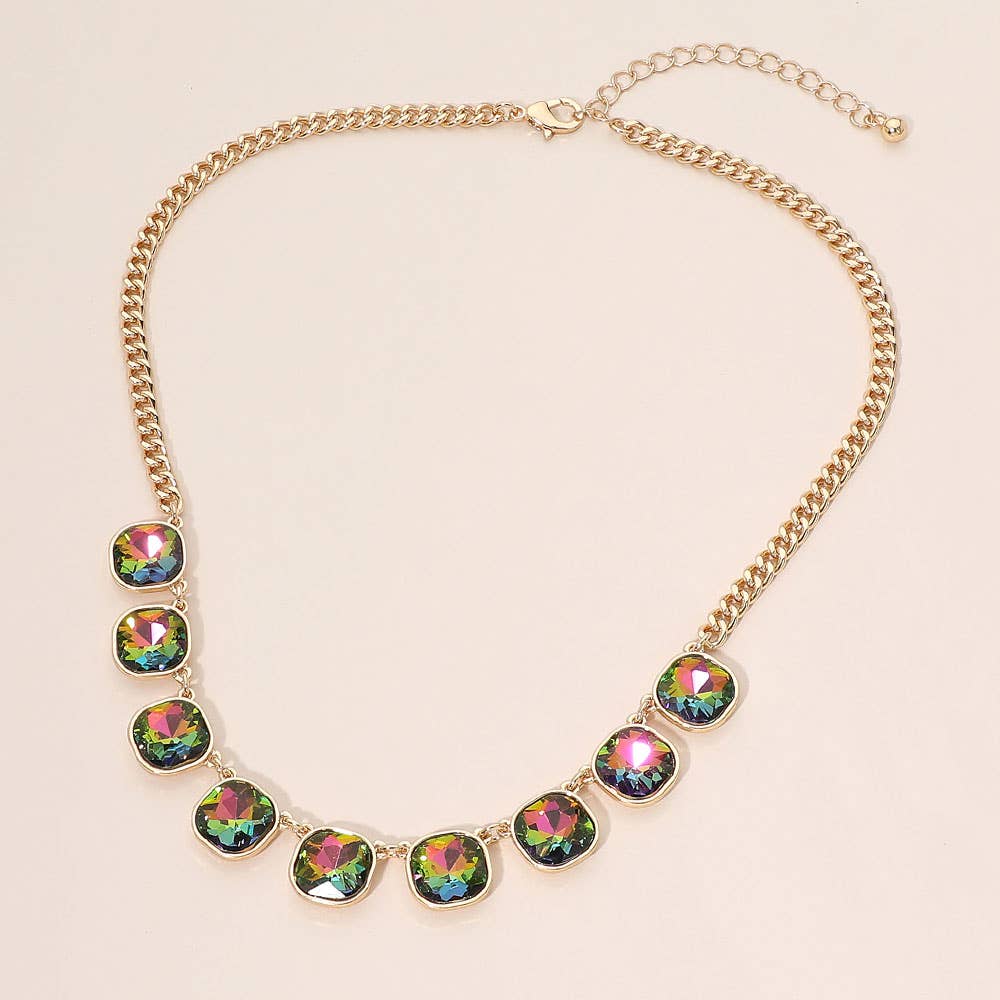 Faceted Square Gem Charm Station Necklace