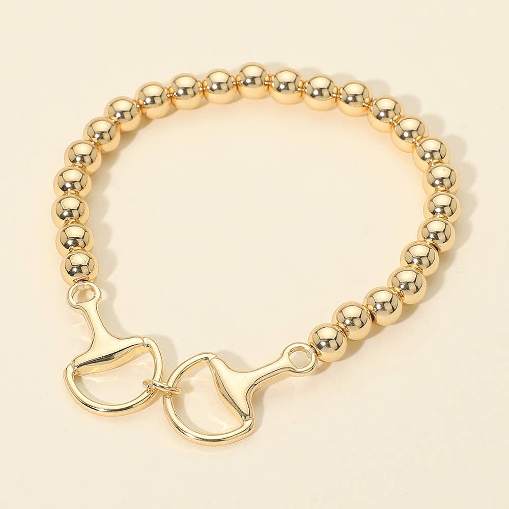 Metal Horsebit Link Accent Ball Beaded Stretch Bracelet