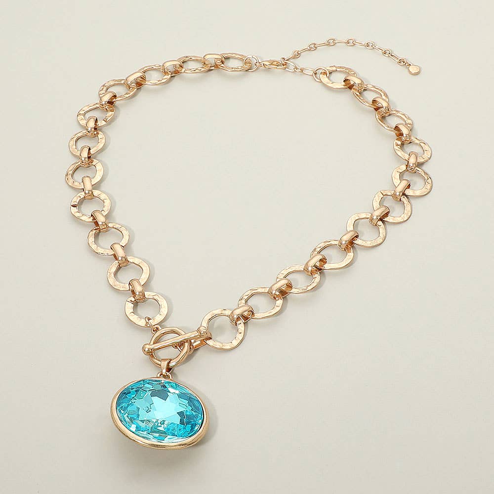 Bold Oval Gemstone Pendant Brushed Metal Chunky Chain Toggle Necklace