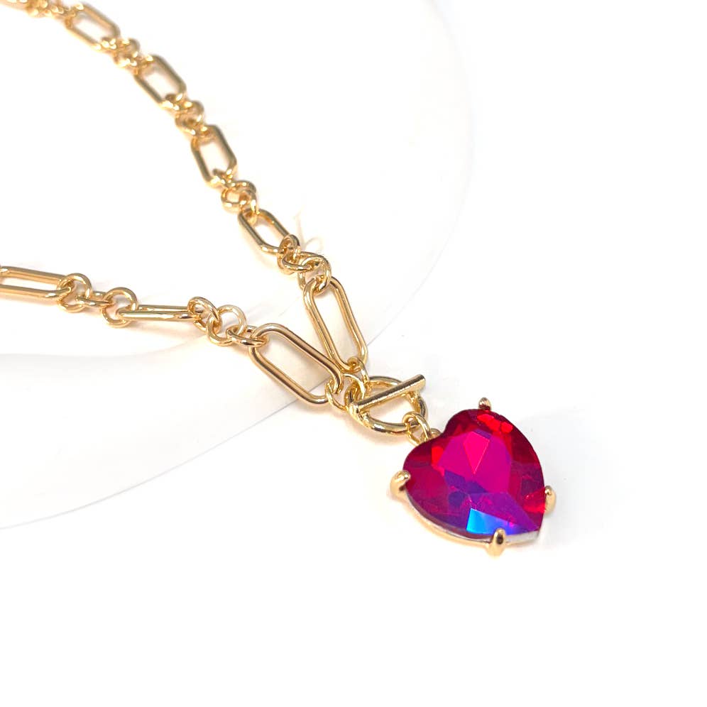 Love Heart Crystal Glass Charm Chain Link Toggle Necklace