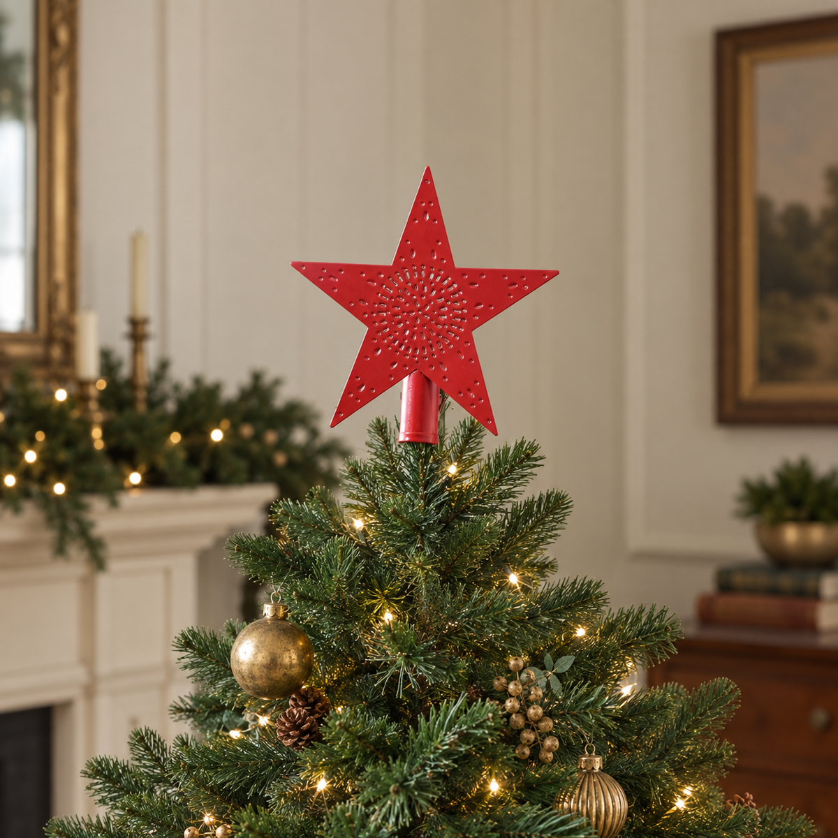 Punched Metal Star Tree Topper Barn Red 6.75x6.75x1
