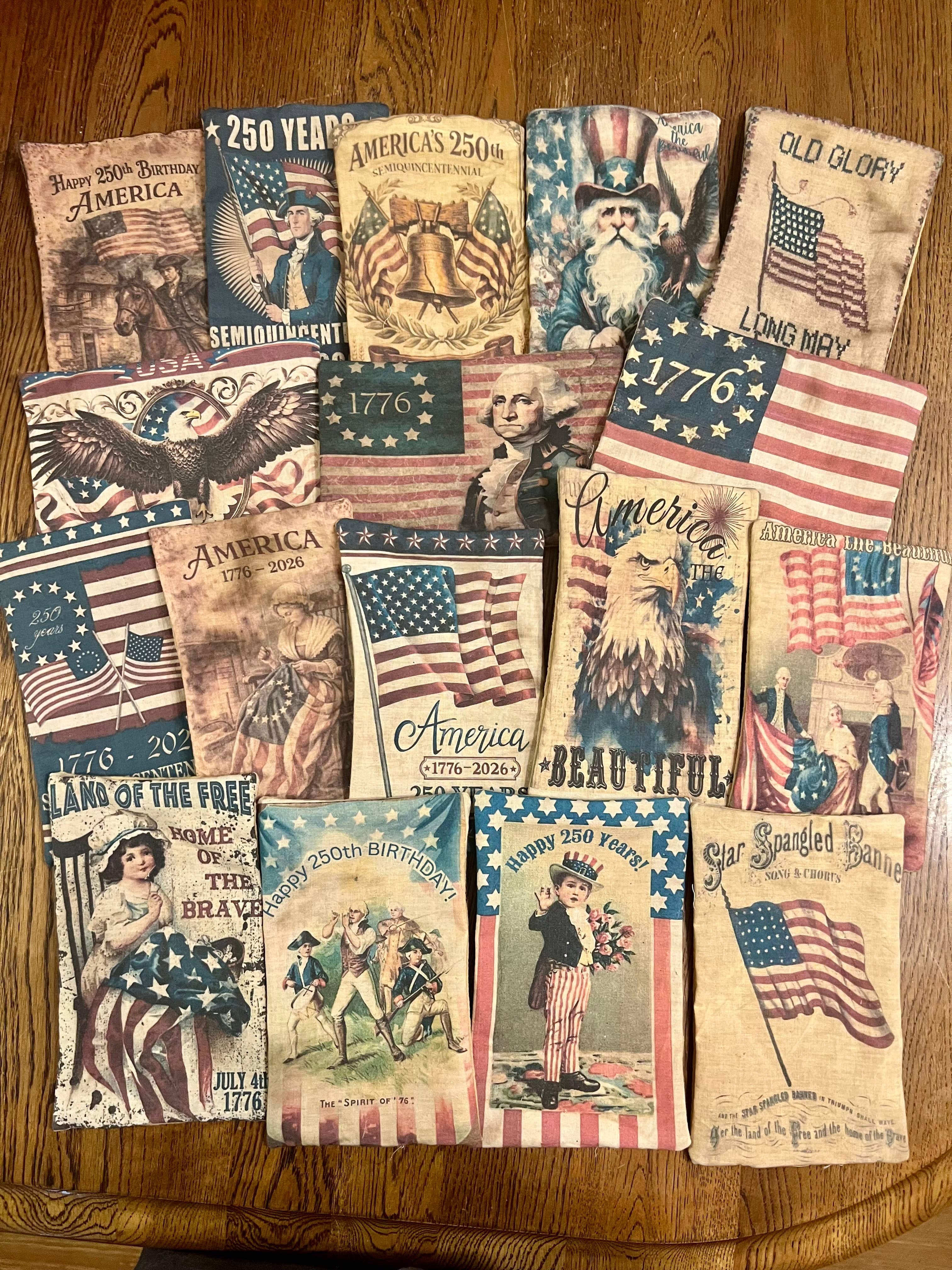 6360. Primitive handmade Printed Americana 5x7" stuffed pillows