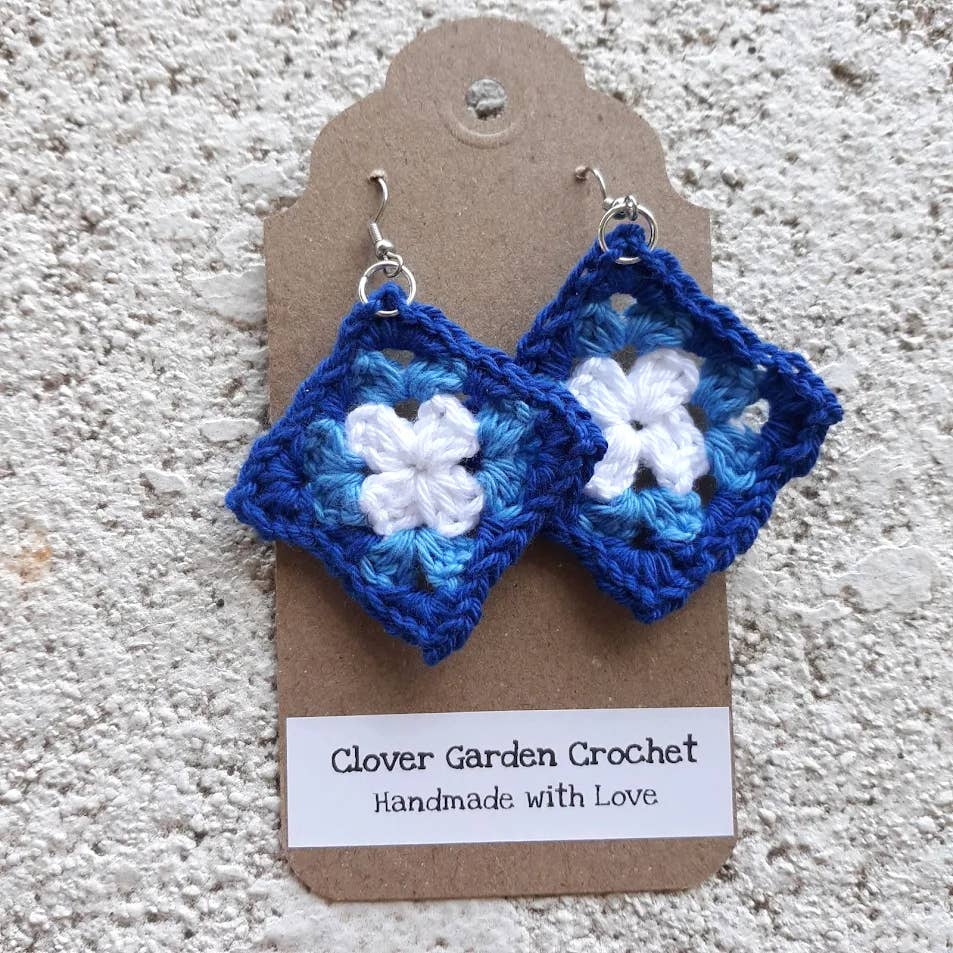4112. Crochet Cotton Granny Square Drop Earrings Blue Color Themes