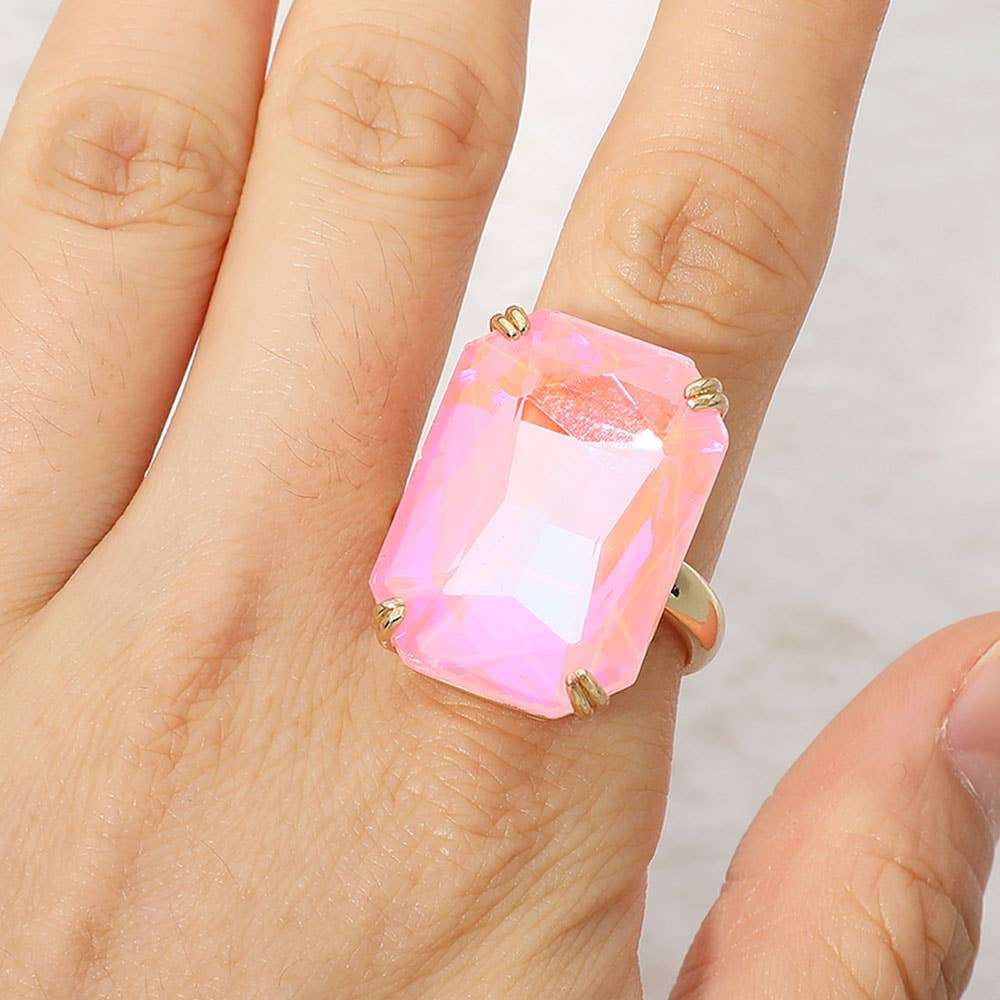 Oversized Emerald Cut Gem Accent Adjustable Statement Ring