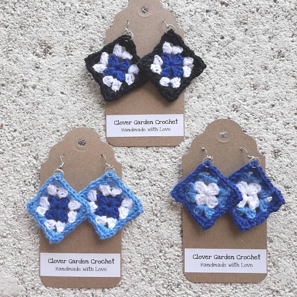 4112. Crochet Cotton Granny Square Drop Earrings Blue Color Themes