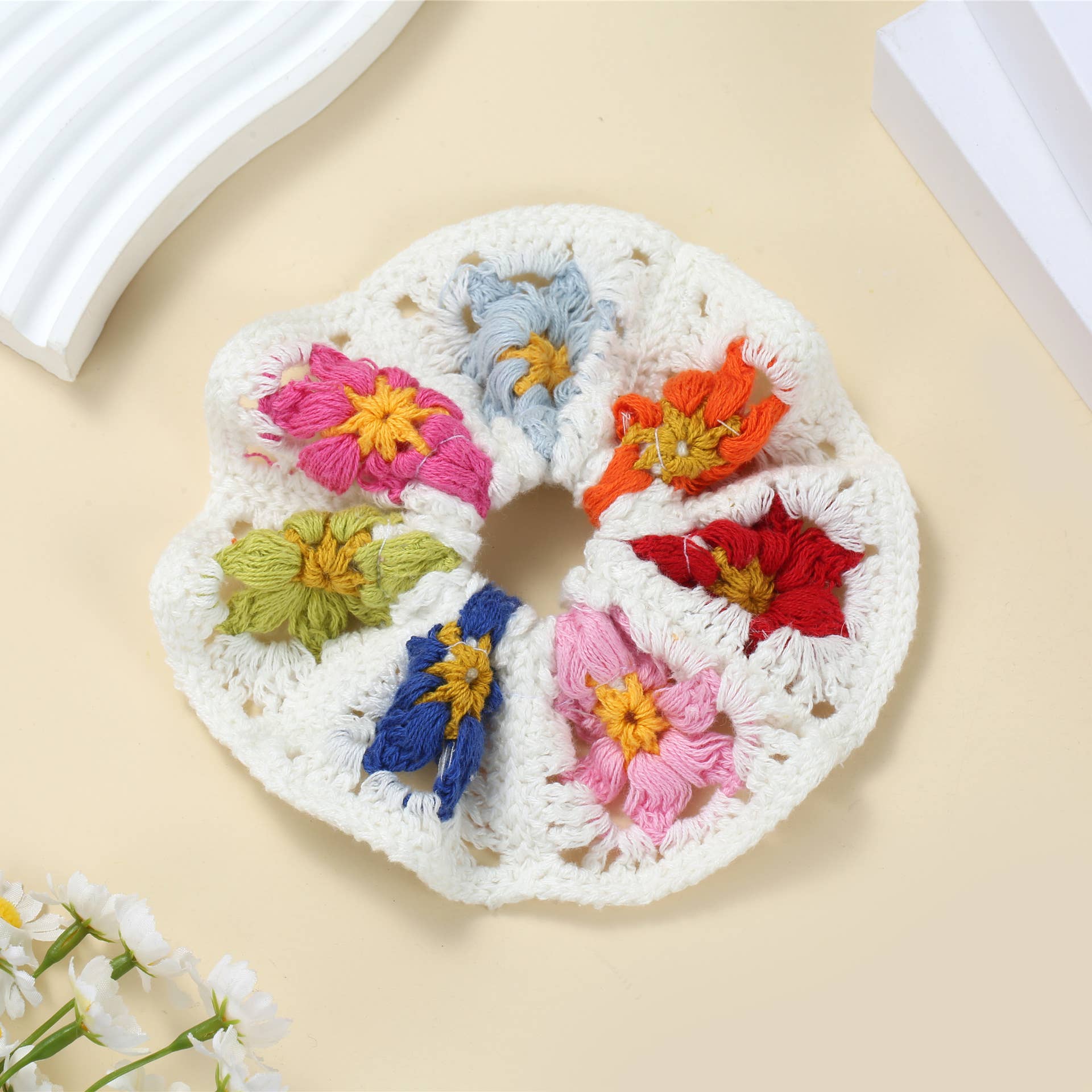 Boho Colorful Handmade Crochet Flower Hair Tie