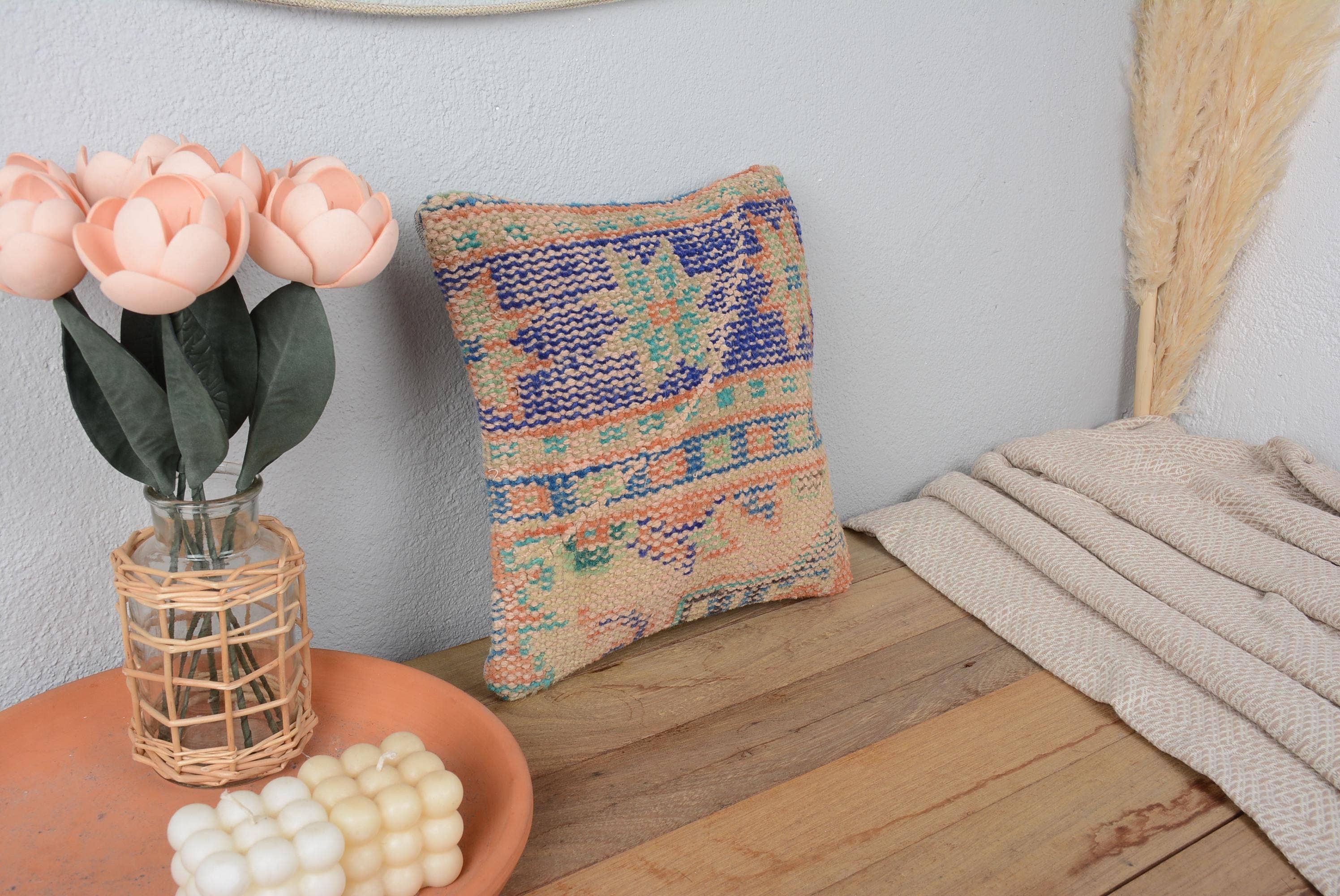 Turkish Kilim 12x12 Boho Sham & Green Pillow Cover