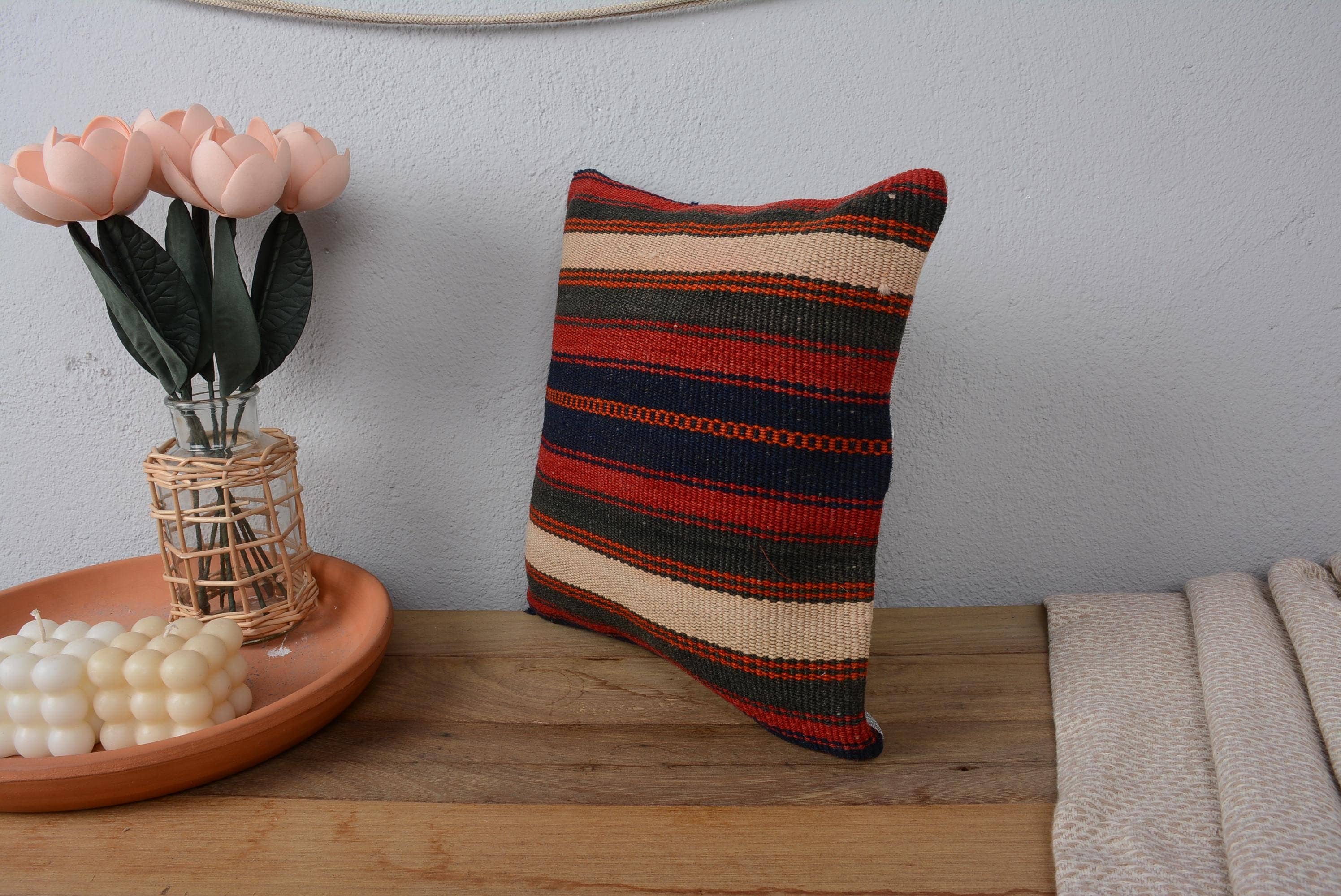 Vintage Turkish Kilim Pillow 12x12 Rustic Striped Red