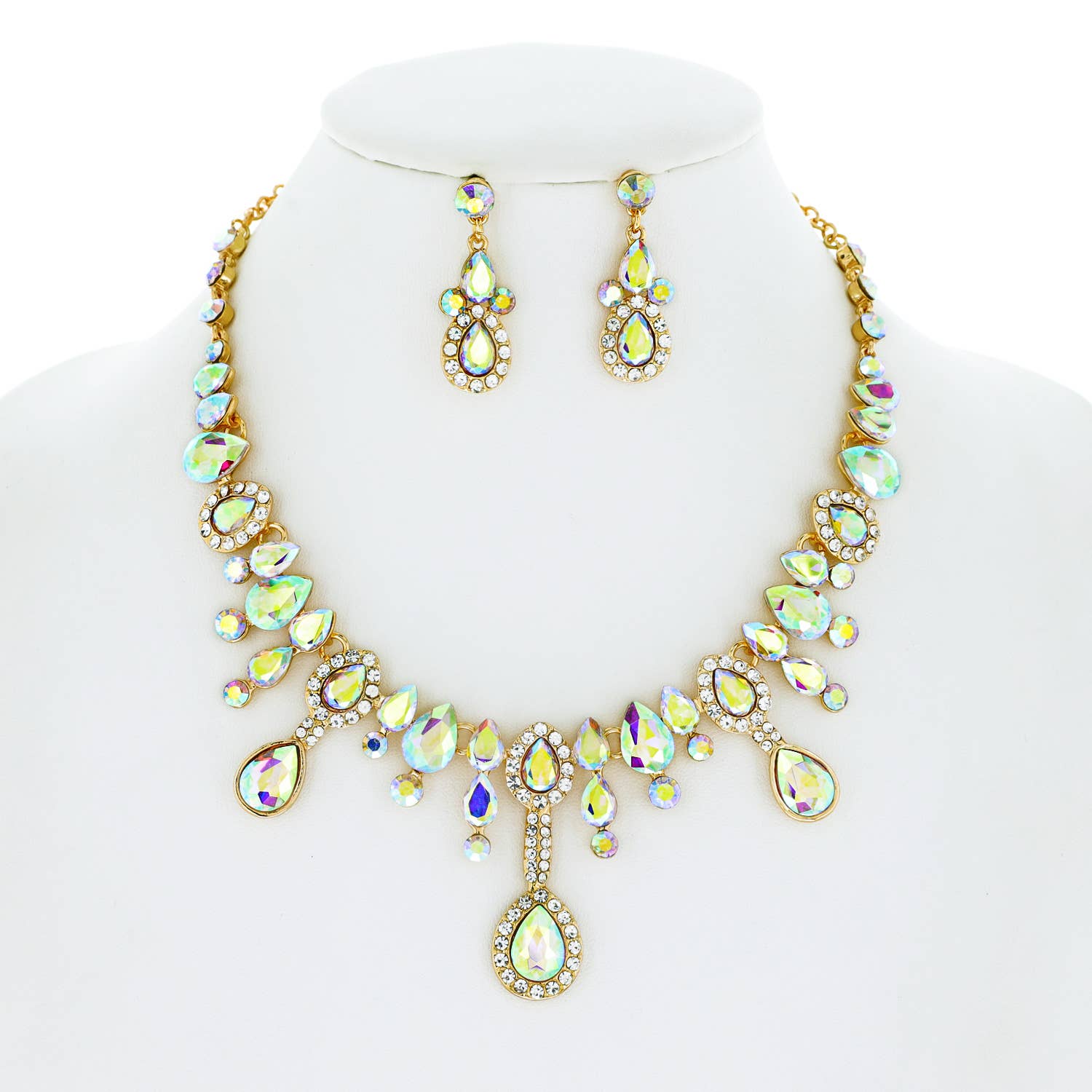 Teardrop Crystal Cluster Necklace Earrings Set