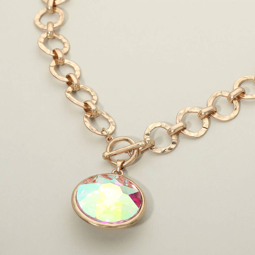 Bold Oval Gemstone Pendant Brushed Metal Chunky Chain Toggle Necklace