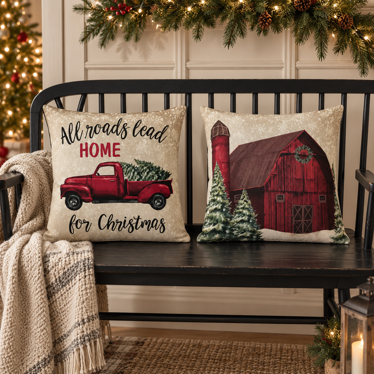 Christmas Farm Pillow Cover Set of 2 16Lx16W