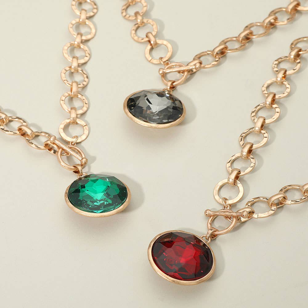 Bold Oval Gemstone Pendant Brushed Metal Chunky Chain Toggle Necklace