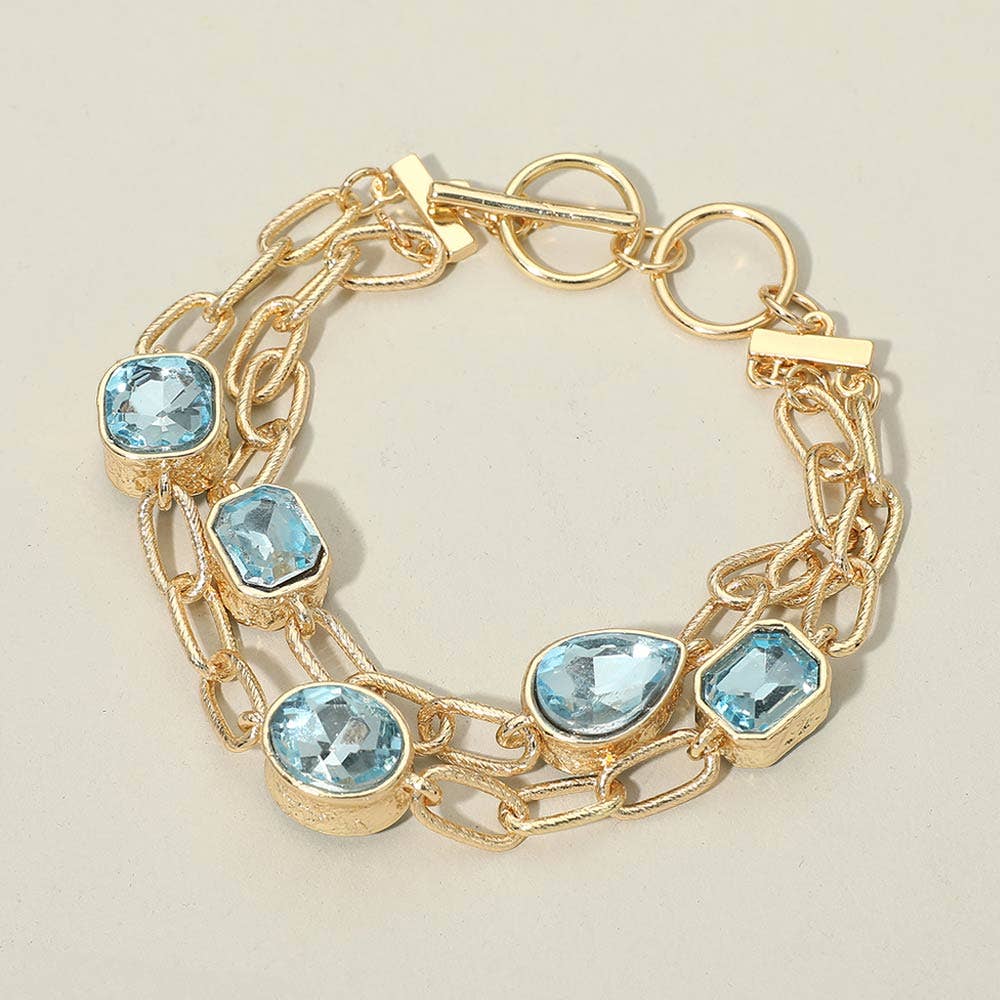 Faceted Oval Teardrop Rectangular Stone Cluster Link Metal Chain Layered Bracelet