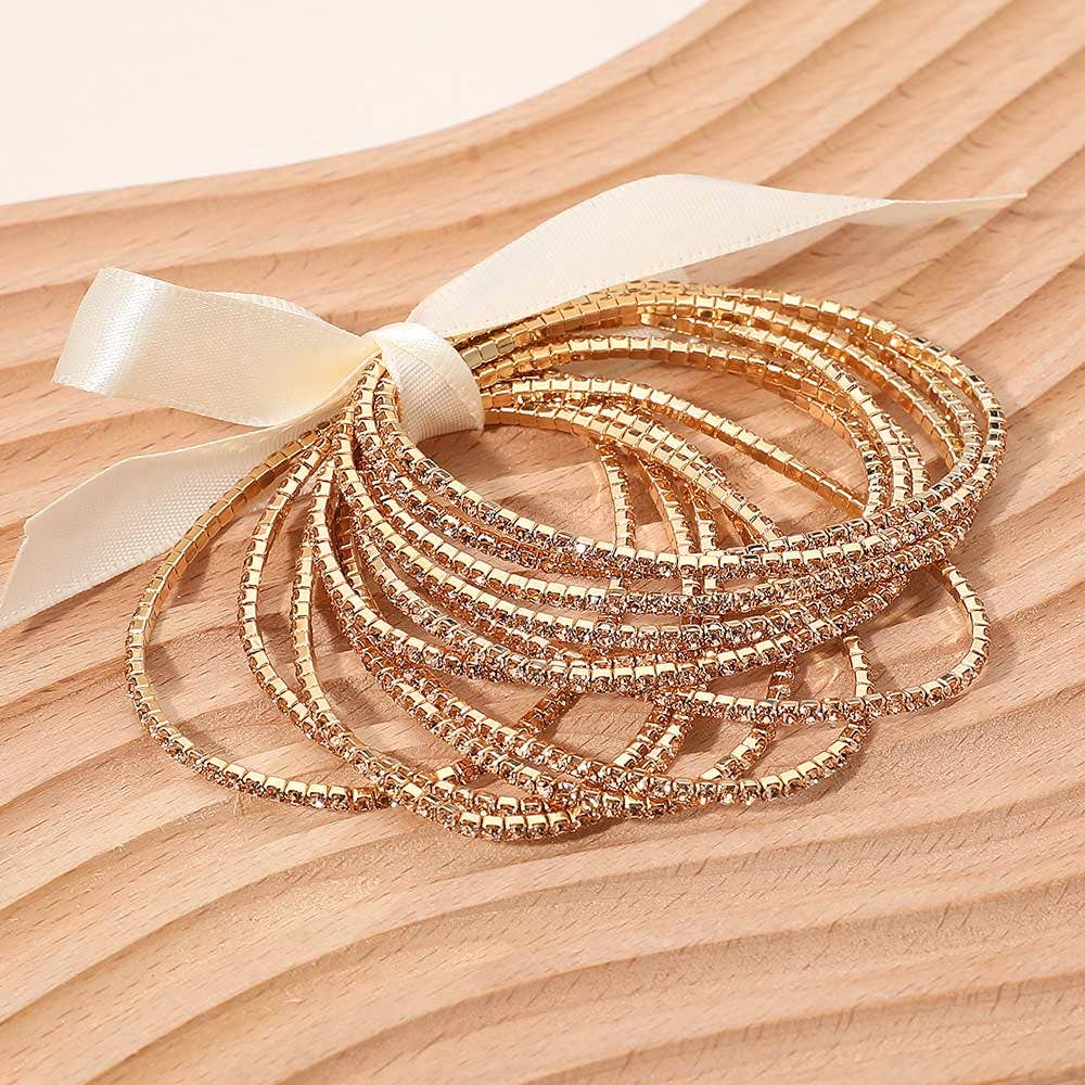 12PCS - Ribbon Slim Rhinestone Stretch Multi Layered Bracelet