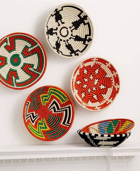 African Basket / Rwanda Woven Basket - Burnt Orange White & Black 12" x 3"
