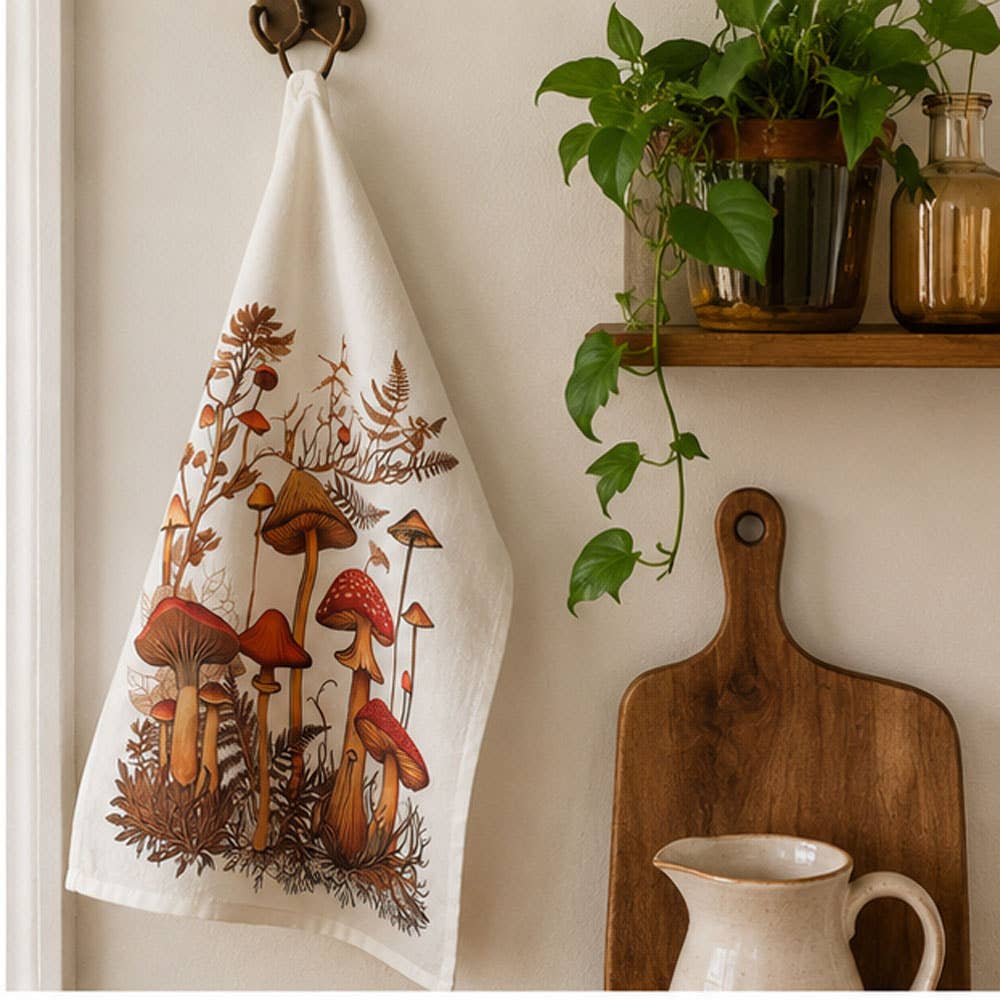 SLT123 - Woodland Mushroom Botanical Flour Sack Tea Towel
