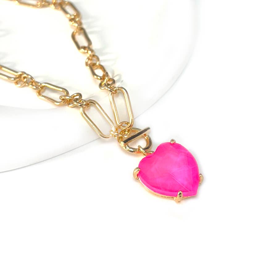 Love Heart Crystal Glass Charm Chain Link Toggle Necklace