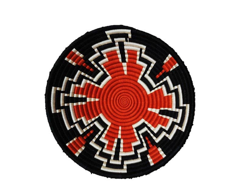 African Basket / Rwanda Woven Basket - Burnt Orange White & Black 12" x 3"