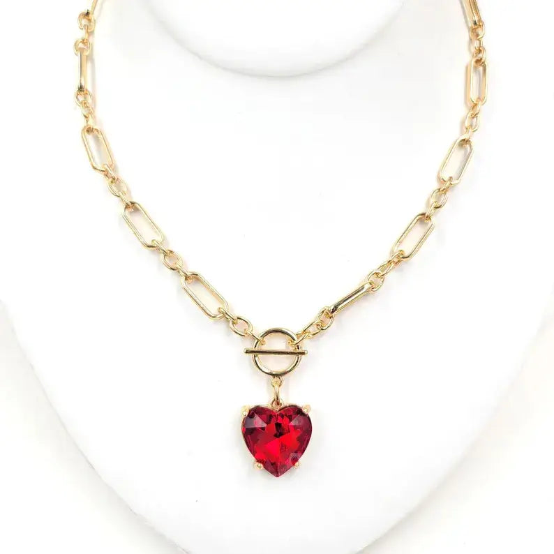Love Heart Crystal Glass Charm Chain Link Toggle Necklace