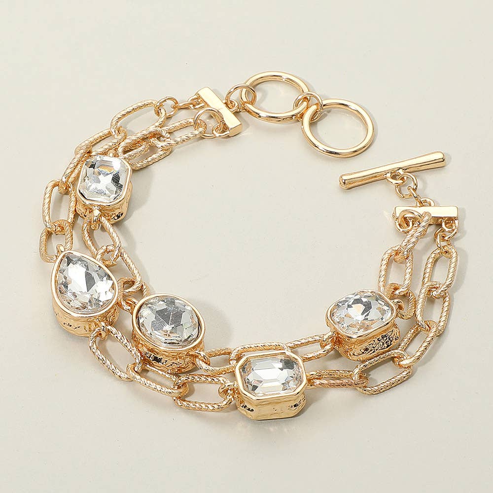 Faceted Oval Teardrop Rectangular Stone Cluster Link Metal Chain Layered Bracelet
