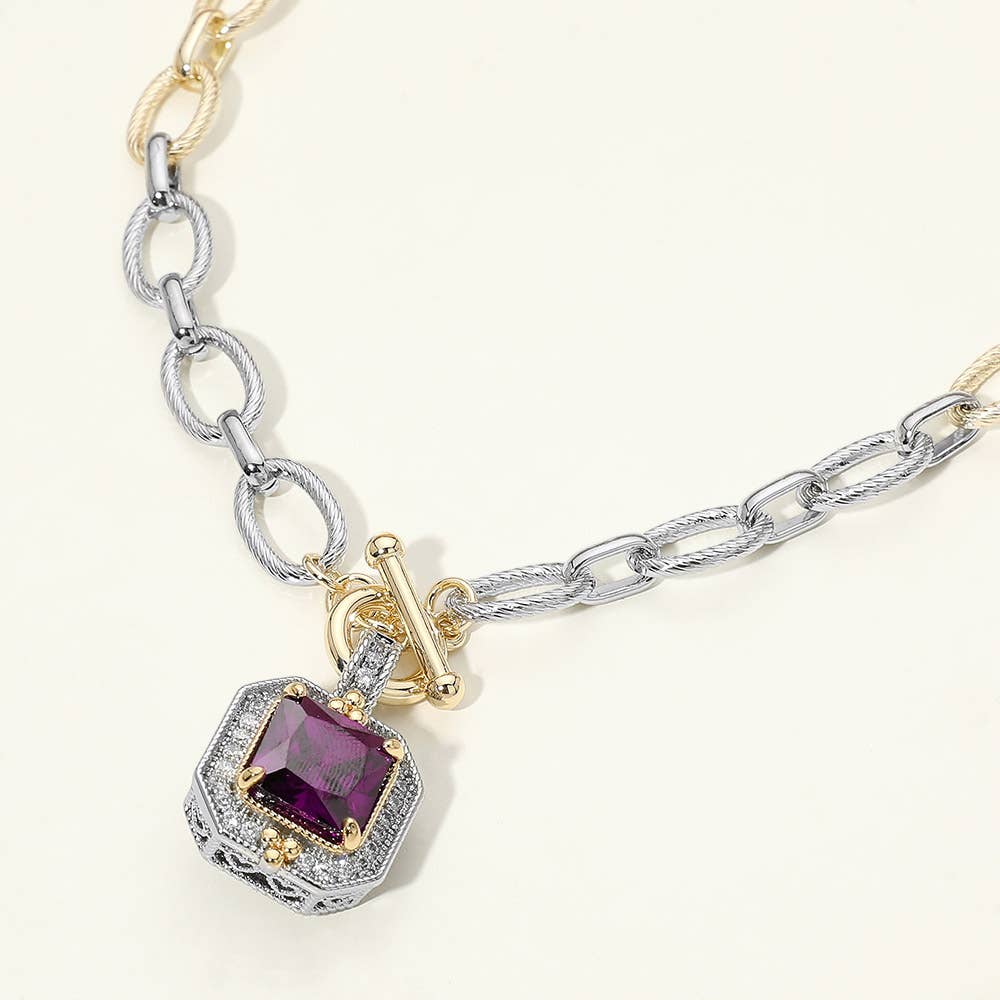 14K Gold Plated Two Tone Chunky Square CZ Pendant Toggle Necklace