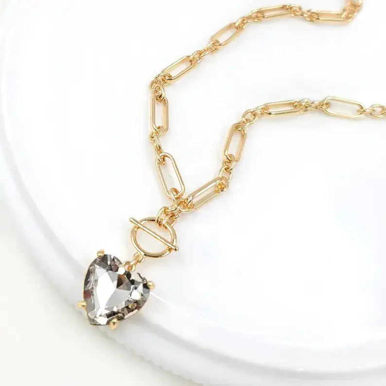 Love Heart Crystal Glass Charm Chain Link Toggle Necklace