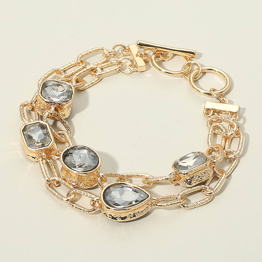 Faceted Oval Teardrop Rectangular Stone Cluster Link Metal Chain Layered Bracelet