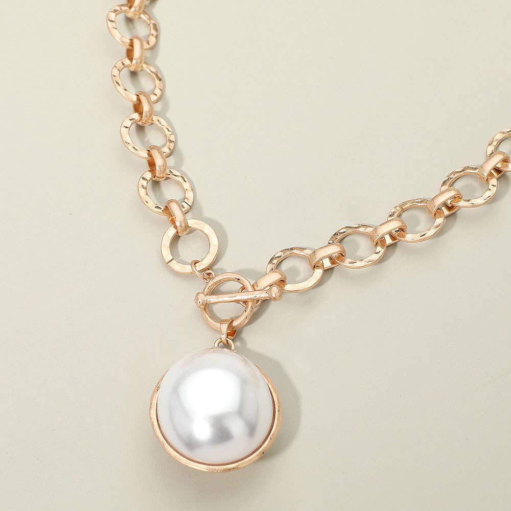 Bold Oval Gemstone Pendant Brushed Metal Chunky Chain Toggle Necklace