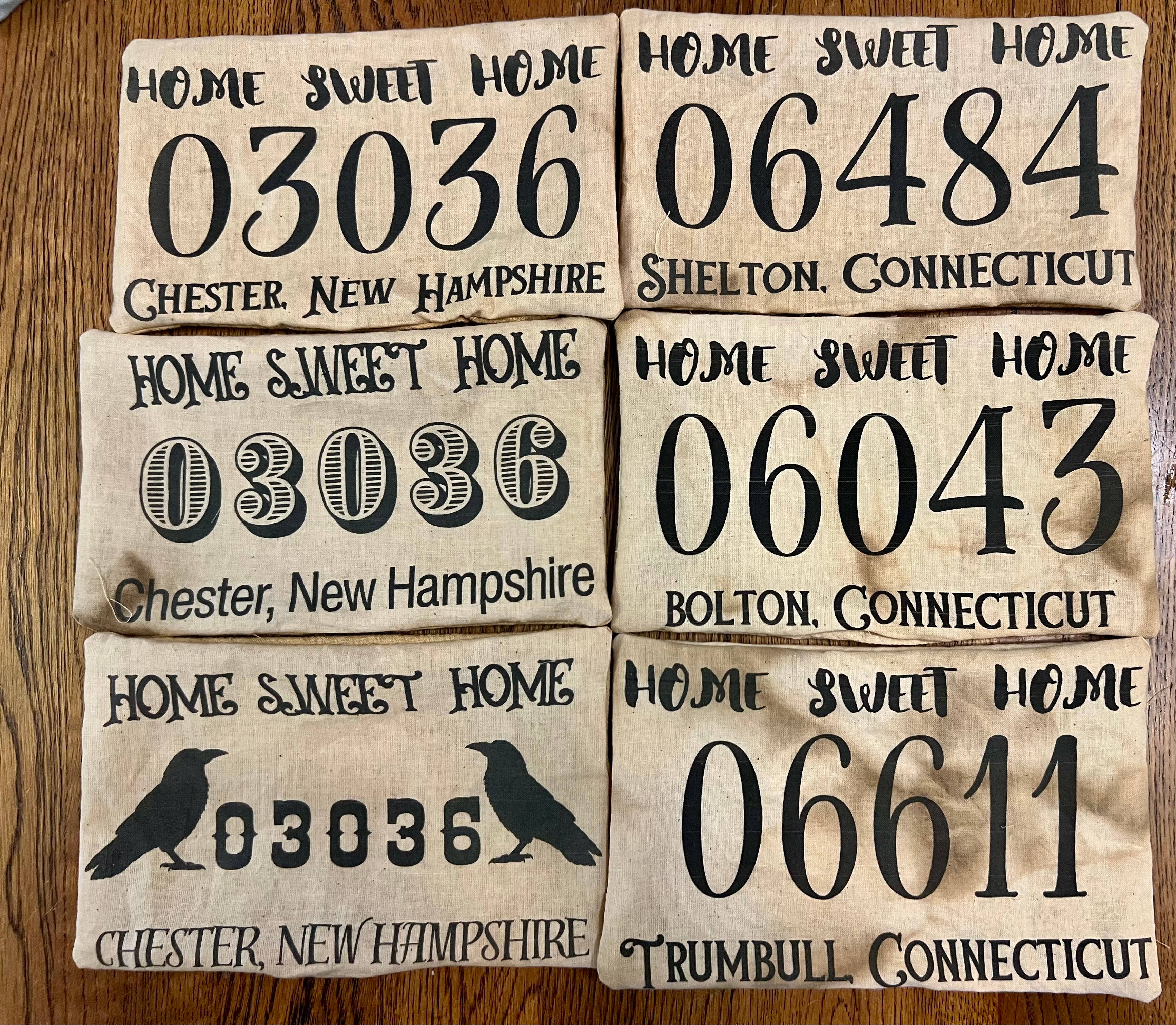 6361. Primitive Custom 5x7" zip code city pillows