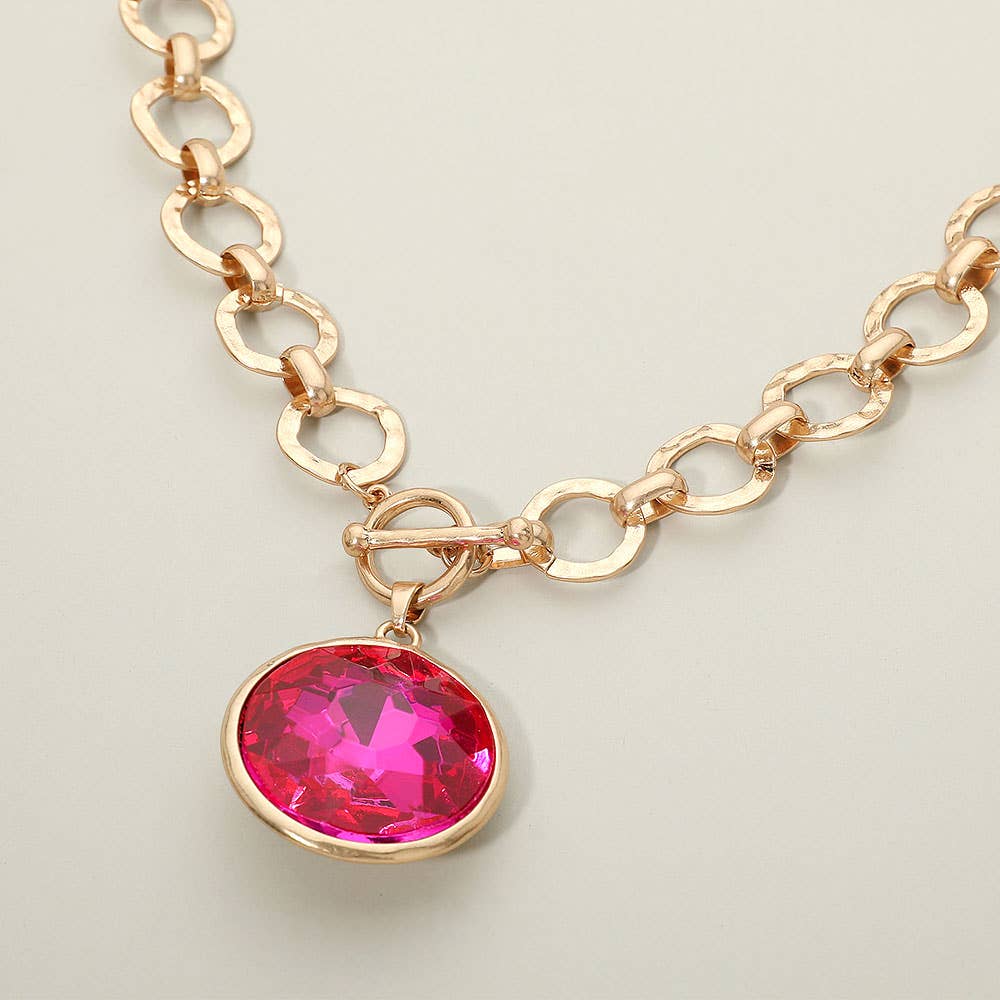 Bold Oval Gemstone Pendant Brushed Metal Chunky Chain Toggle Necklace