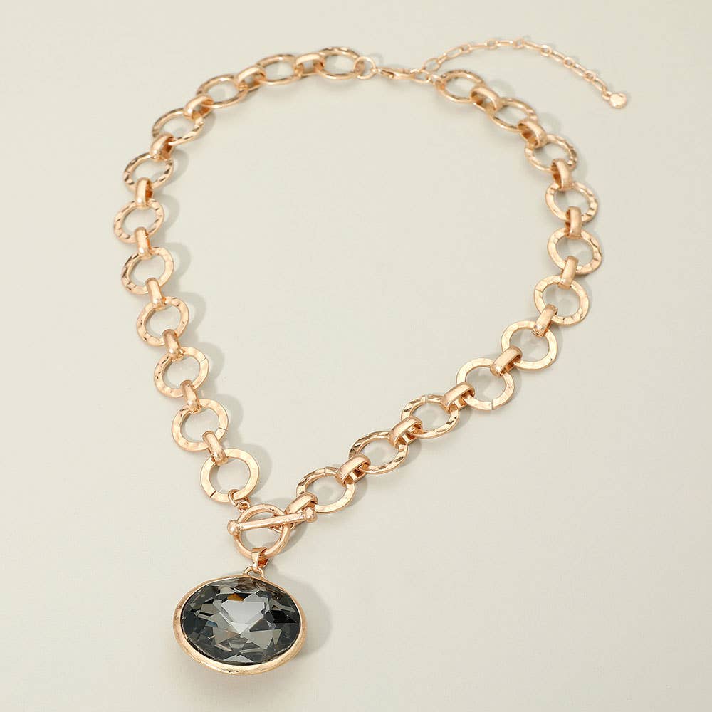 Bold Oval Gemstone Pendant Brushed Metal Chunky Chain Toggle Necklace