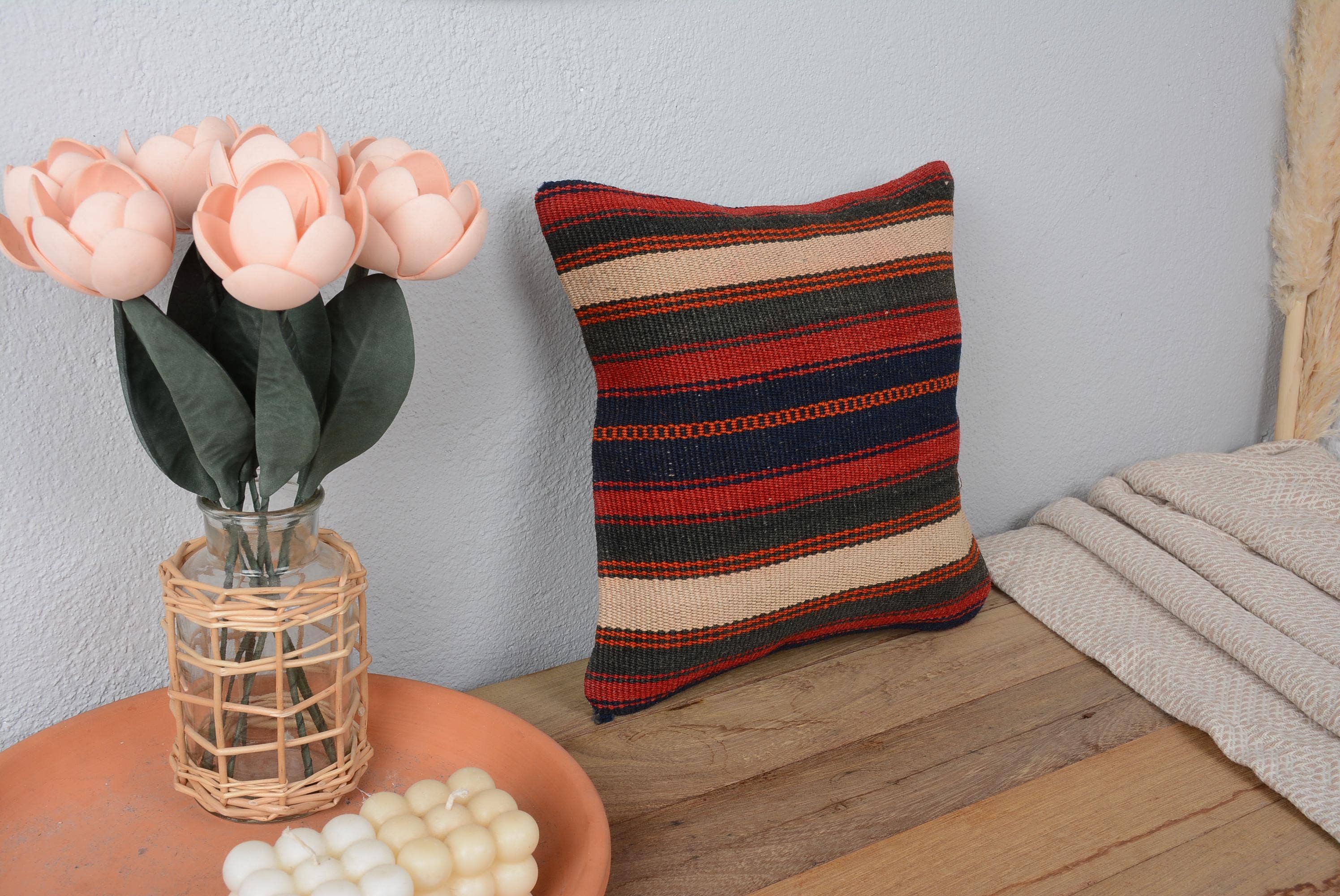 Vintage Turkish Kilim Pillow 12x12 Rustic Striped Red
