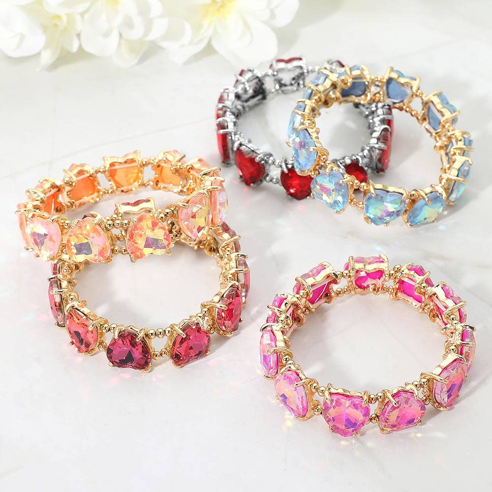 Heart Stone Cluster Beaded Stretch Evening Bracelet