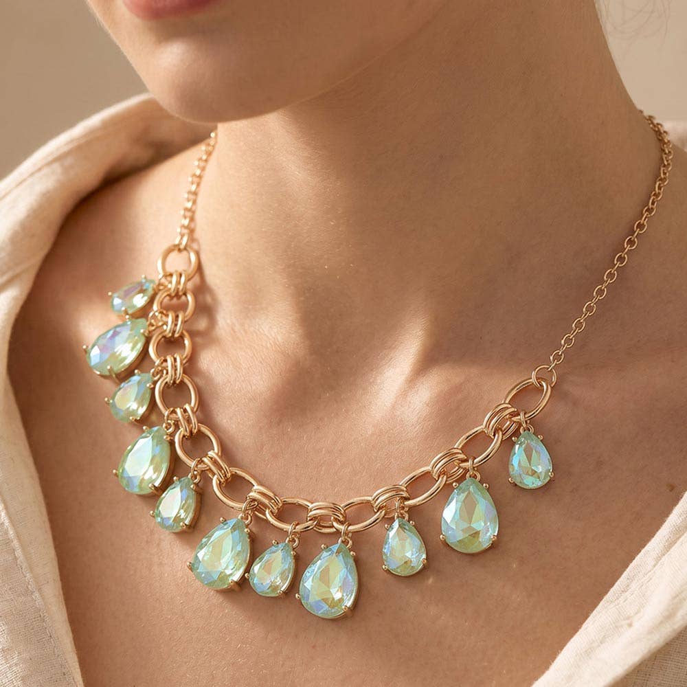 Cushion Teardrop Cluster Drop Station Necklace