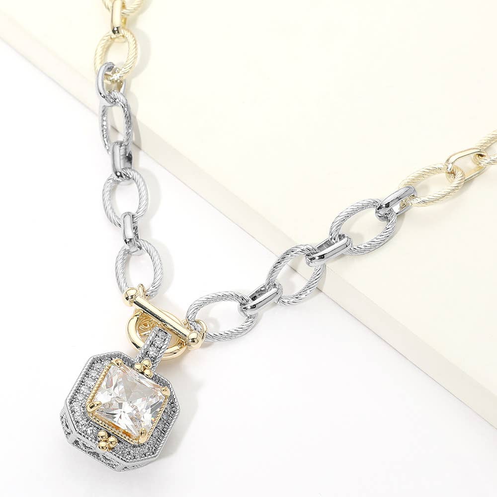 14K Gold Plated Two Tone Chunky Square CZ Pendant Toggle Necklace