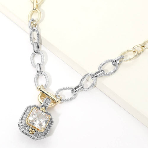 14K Gold Plated Two Tone Chunky Square CZ Pendant Toggle Necklace