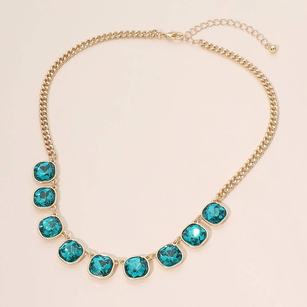 Faceted Square Gem Charm Station Necklace