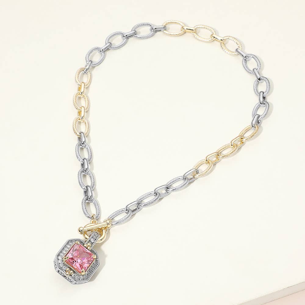 14K Gold Plated Two Tone Chunky Square CZ Pendant Toggle Necklace