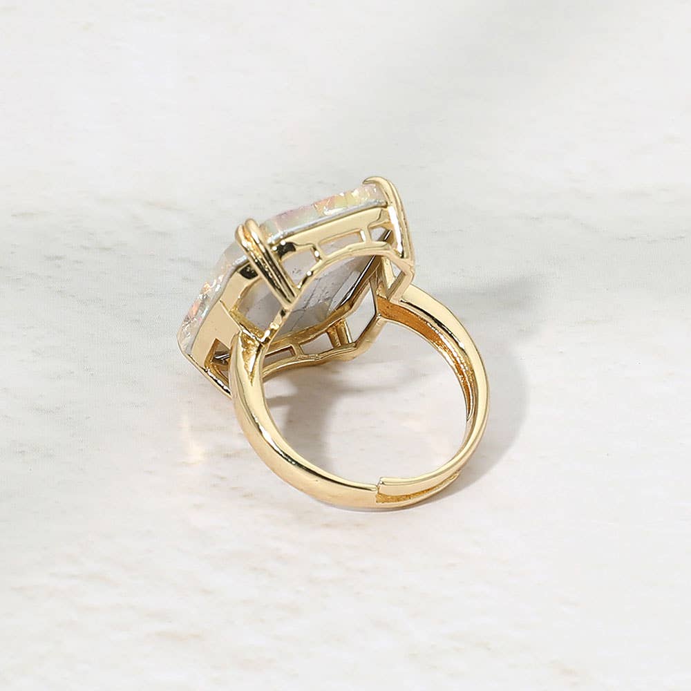 Oversized Emerald Cut Gem Accent Adjustable Statement Ring