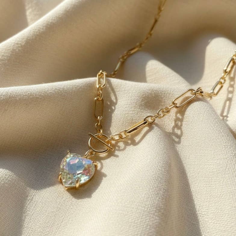 Heart Glass Pendant with Toggle Closure Chain Necklace