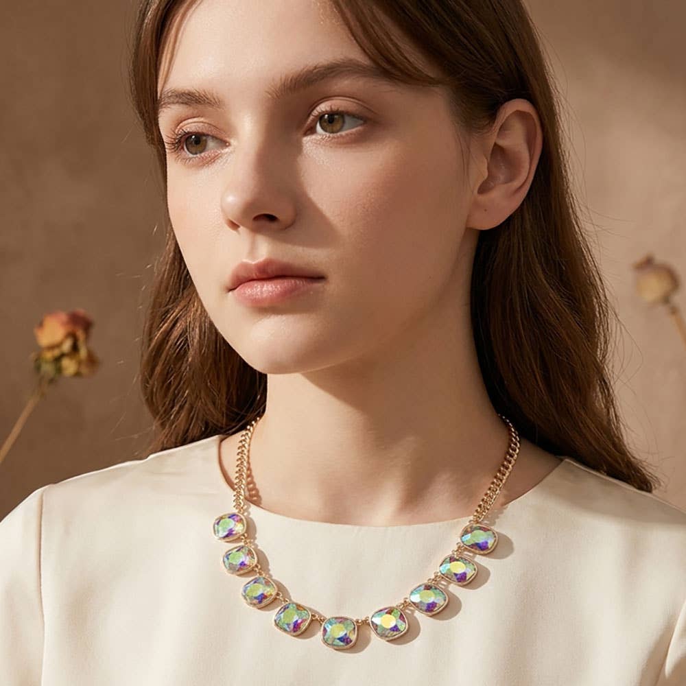 Faceted Square Gem Charm Station Necklace