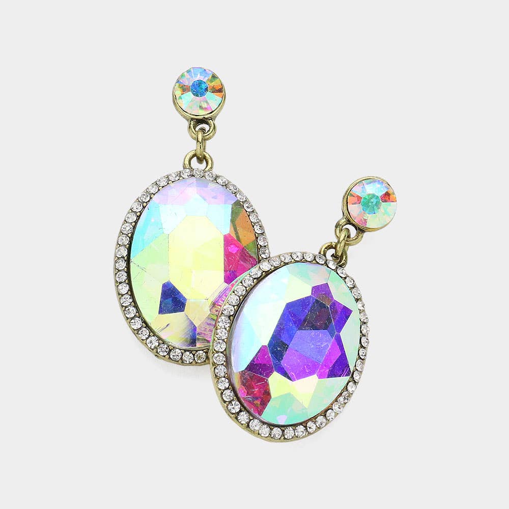 Oval Glass Crystal Stone Evening Earrings