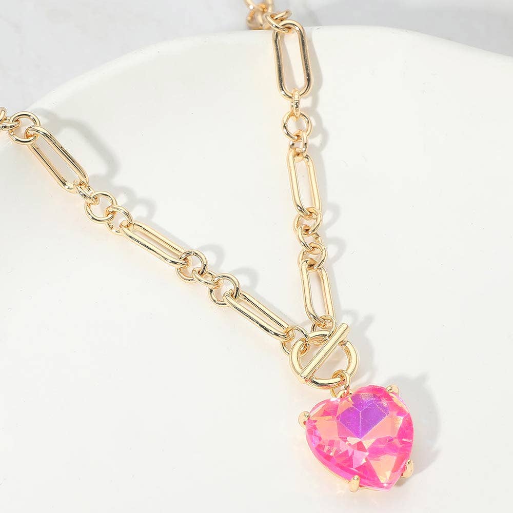 Chunky Heart Stone Cluster Toggle Pendant Necklace