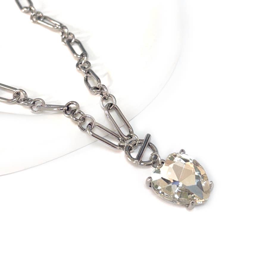 Love Heart Crystal Glass Charm Chain Link Toggle Necklace