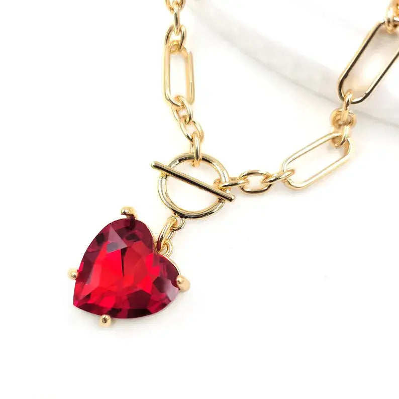 Love Heart Crystal Glass Charm Chain Link Toggle Necklace