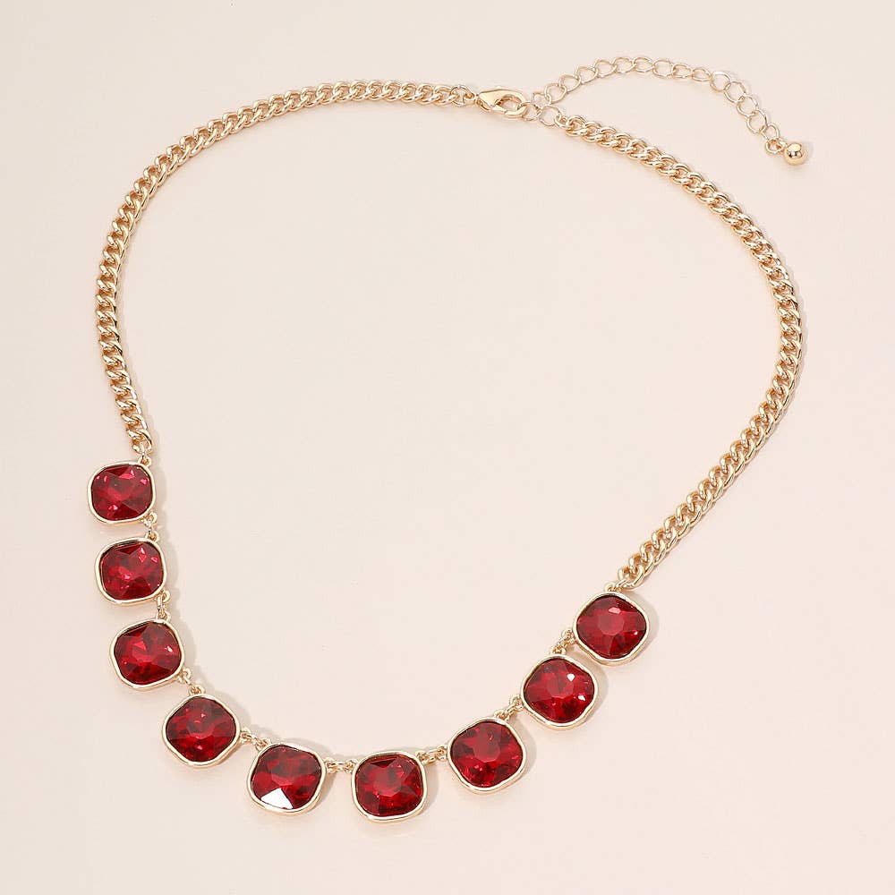 Faceted Square Gem Charm Station Necklace