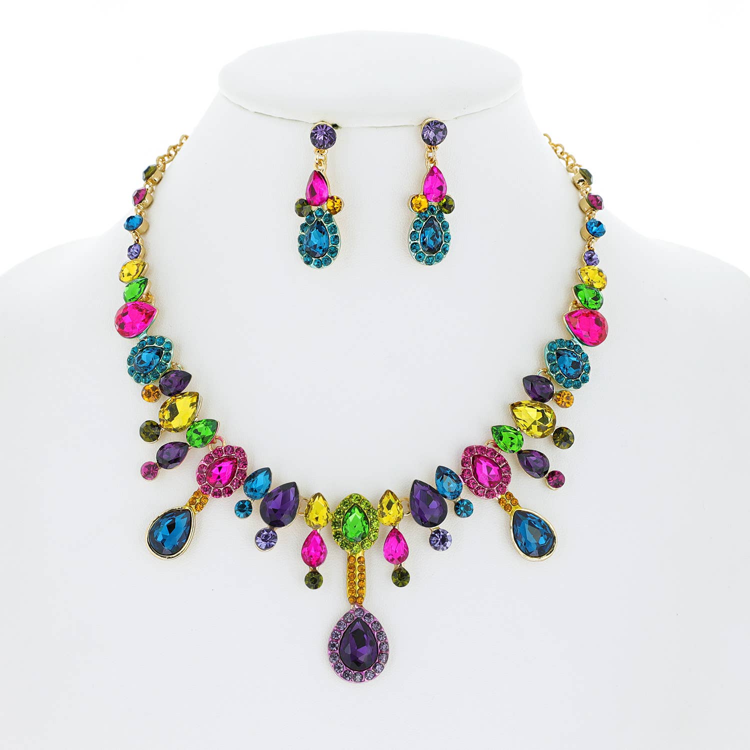 Teardrop Crystal Cluster Necklace Earrings Set