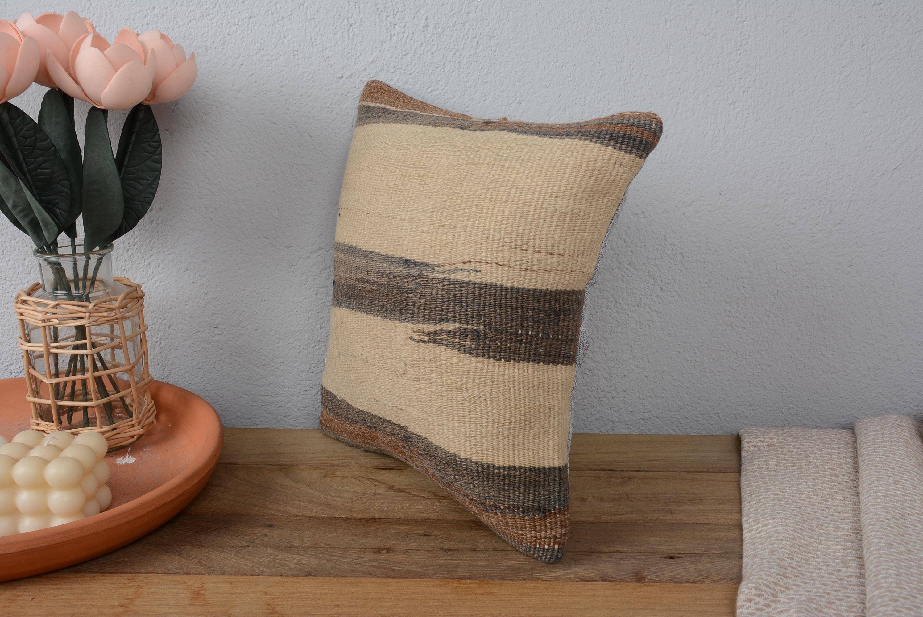 7111. Turkish Kilim Rug Pillow 12x12 for Sofa Beige Rustic Striped