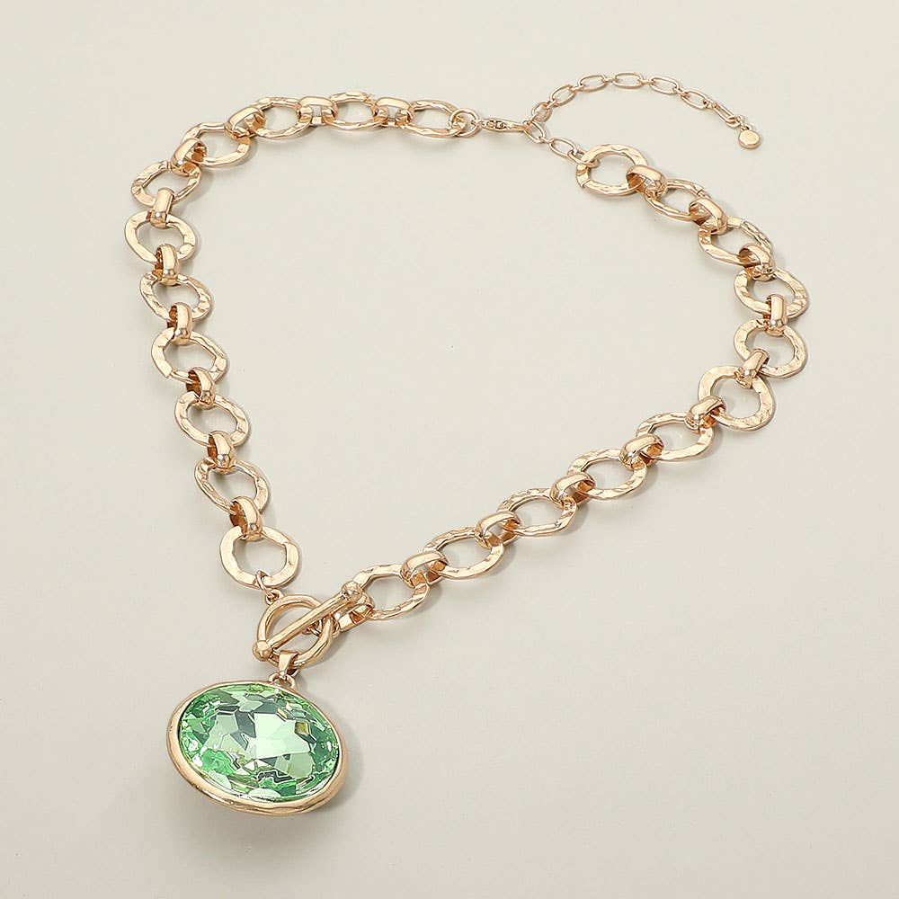 Bold Oval Gemstone Pendant Brushed Metal Chunky Chain Toggle Necklace
